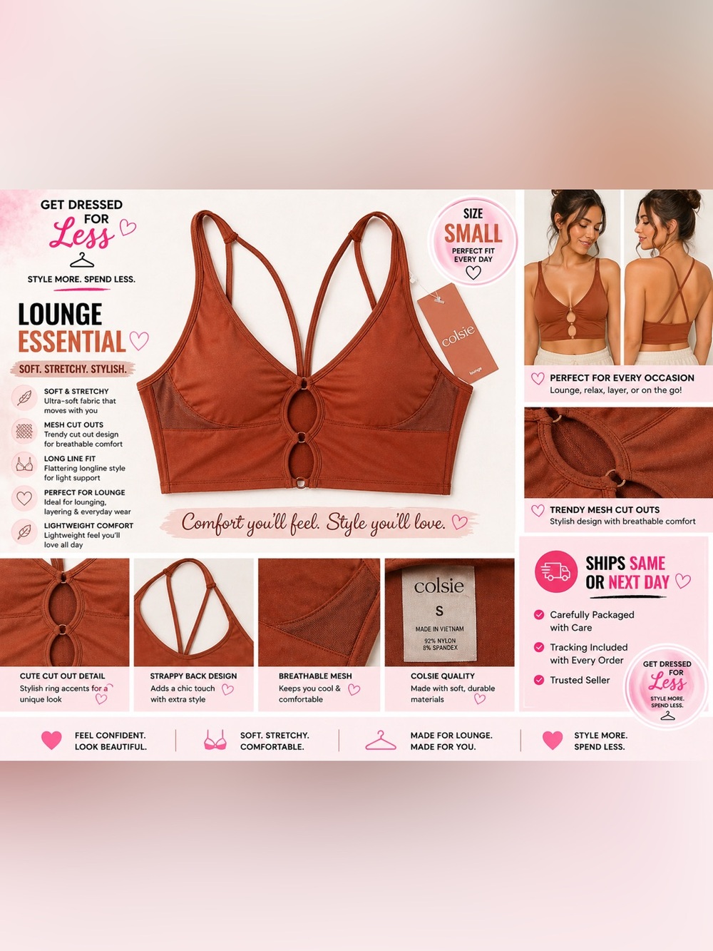 Colsie Bralette Small Rust Brown Longline Mesh Cutout Lounge Bra Soft Stretch - Picture 2 of 9